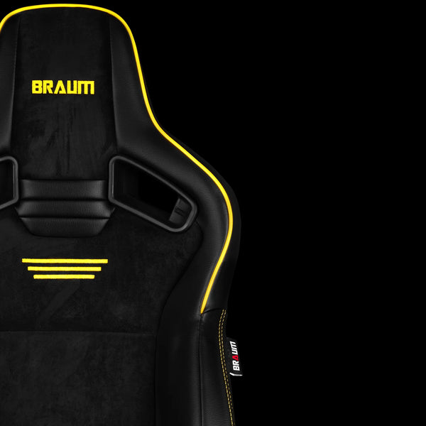 Braum Racing ELITE V2 Series Sport Reclinable Seats PAIR - Black Leatherette / Black Suede / Yellow Piping