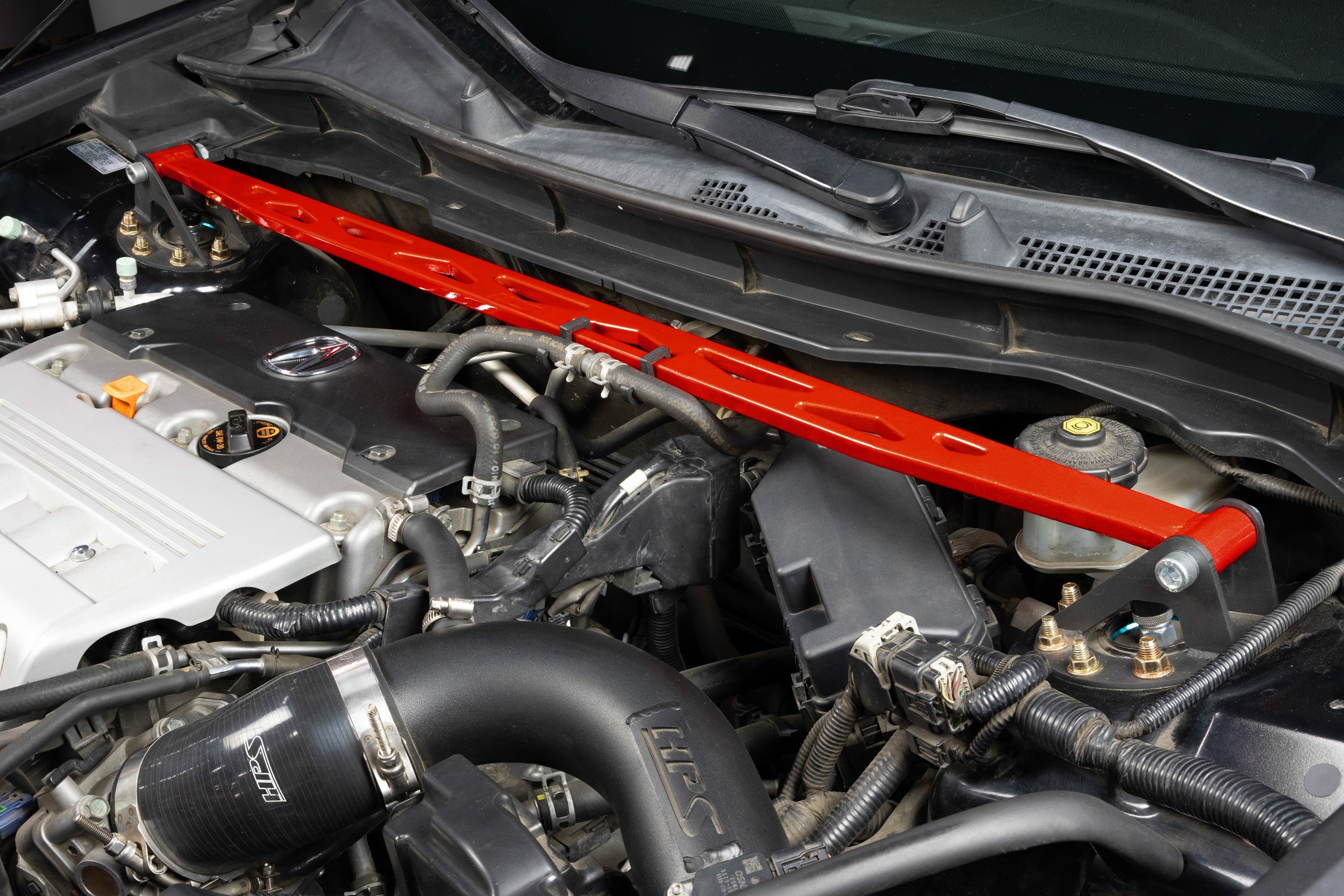 HPS Performance Aluminum Front Strut Tower Brace Bar, Red, 42-119R