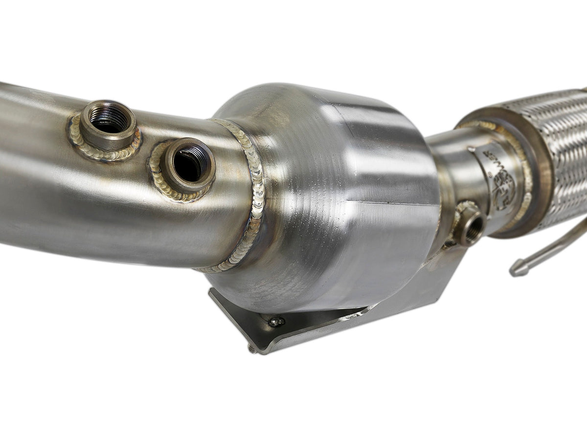 aFe Twisted Steel Down Pipe 3 IN 304 Stainless Steel w/ Cat - Ford Focus RS 2016-2018