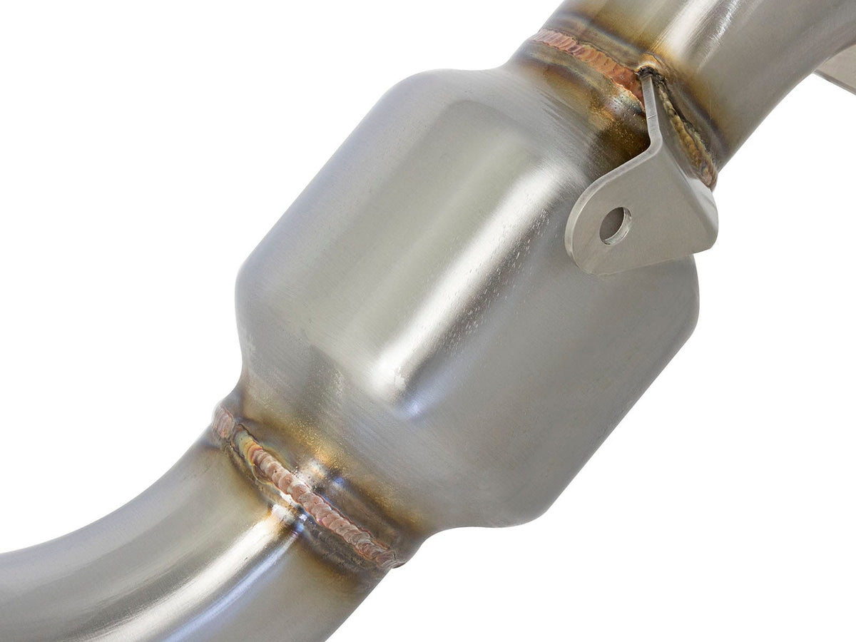 aFe Twisted Steel Down Pipe 3 IN 304 Stainless Steel w/ Cat - Cadillac ATS 2013-2019 / Chevy Camaro 2016-2019