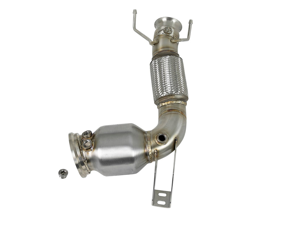 aFe Twisted Steel Down Pipe 3 to 2-3/4 IN 304 Stainless Steel w/ Cat - MINI Cooper S (F55/F56/F57) 2015-2019