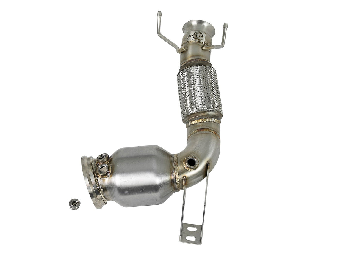 aFe Twisted Steel Down Pipe 3 to 2-3/4 IN 304 Stainless Steel w/ Cat - MINI Cooper S (F55/F56/F57) 2015-2019