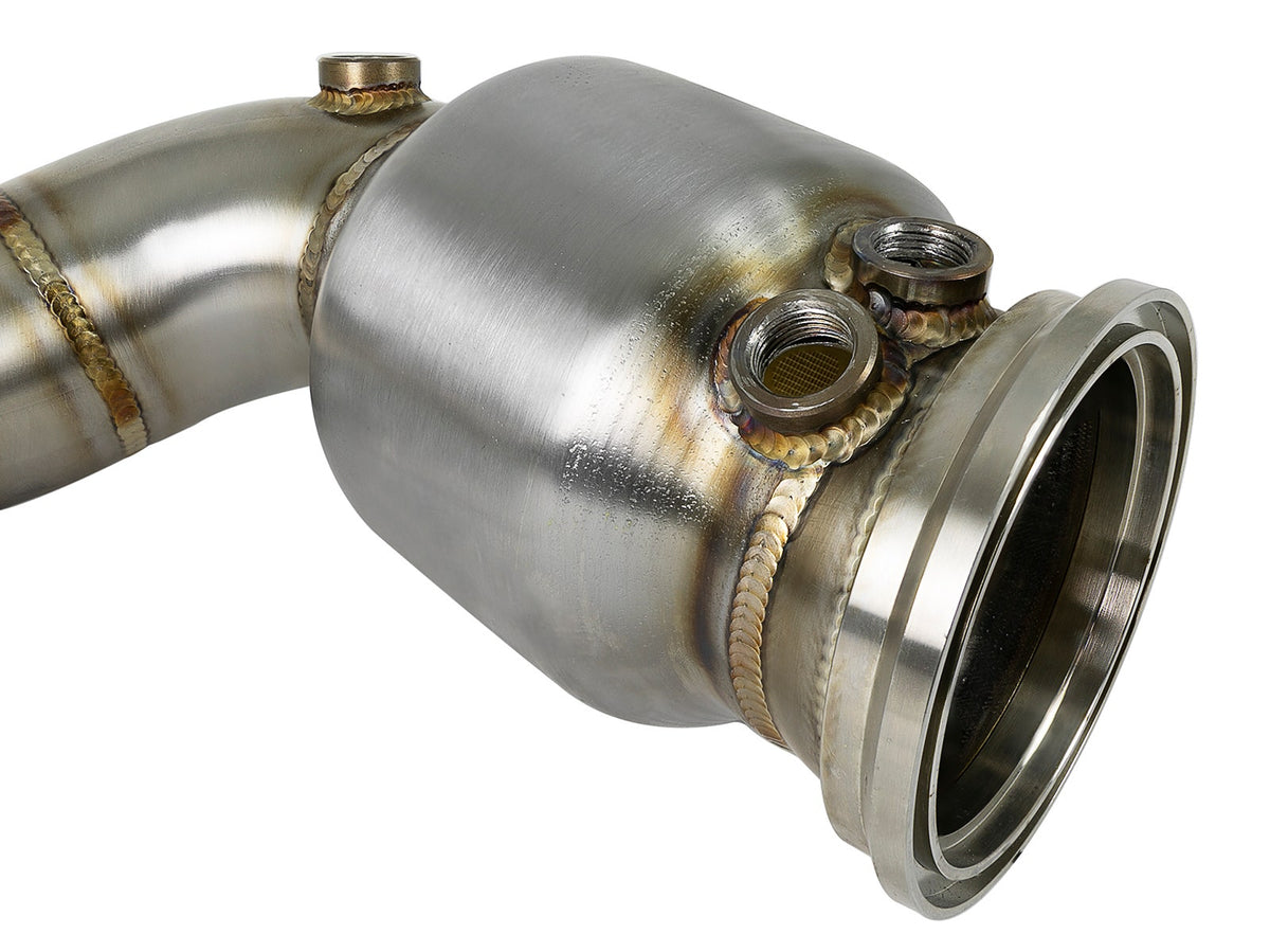 aFe Twisted Steel Down Pipe 3 to 2-3/4 IN 304 Stainless Steel w/ Cat - MINI Cooper S (F55/F56/F57) 2015-2019