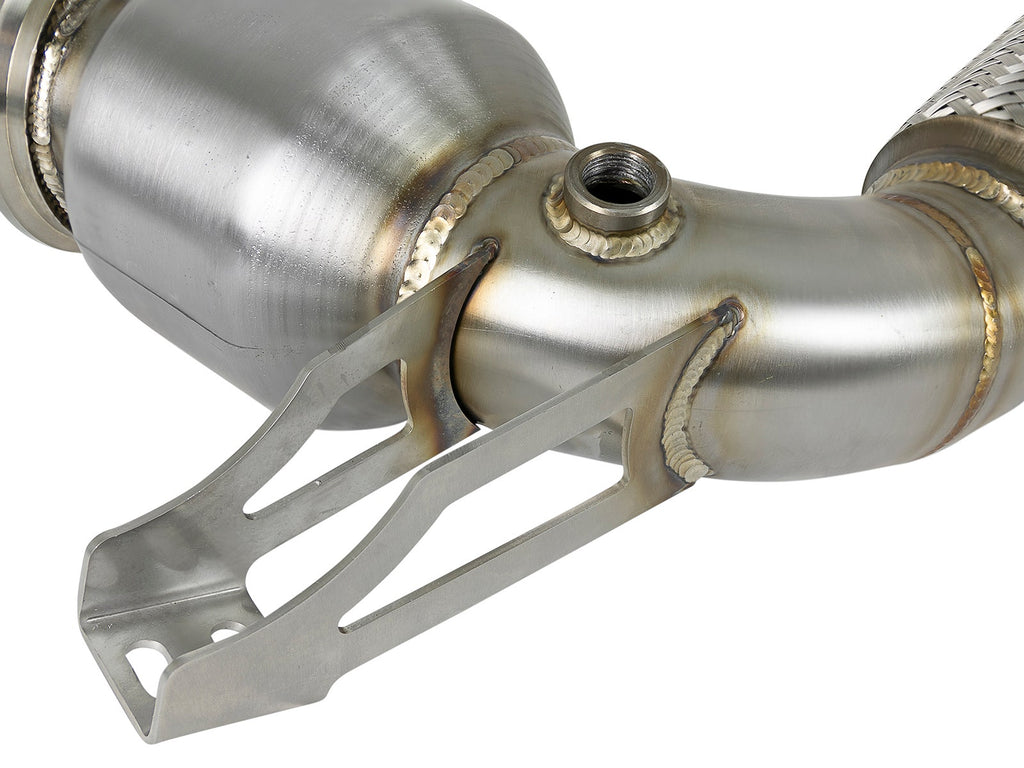 aFe Twisted Steel Down Pipe 3 to 2-3/4 IN 304 Stainless Steel w/ Cat - MINI Cooper S (F55/F56/F57) 2015-2019