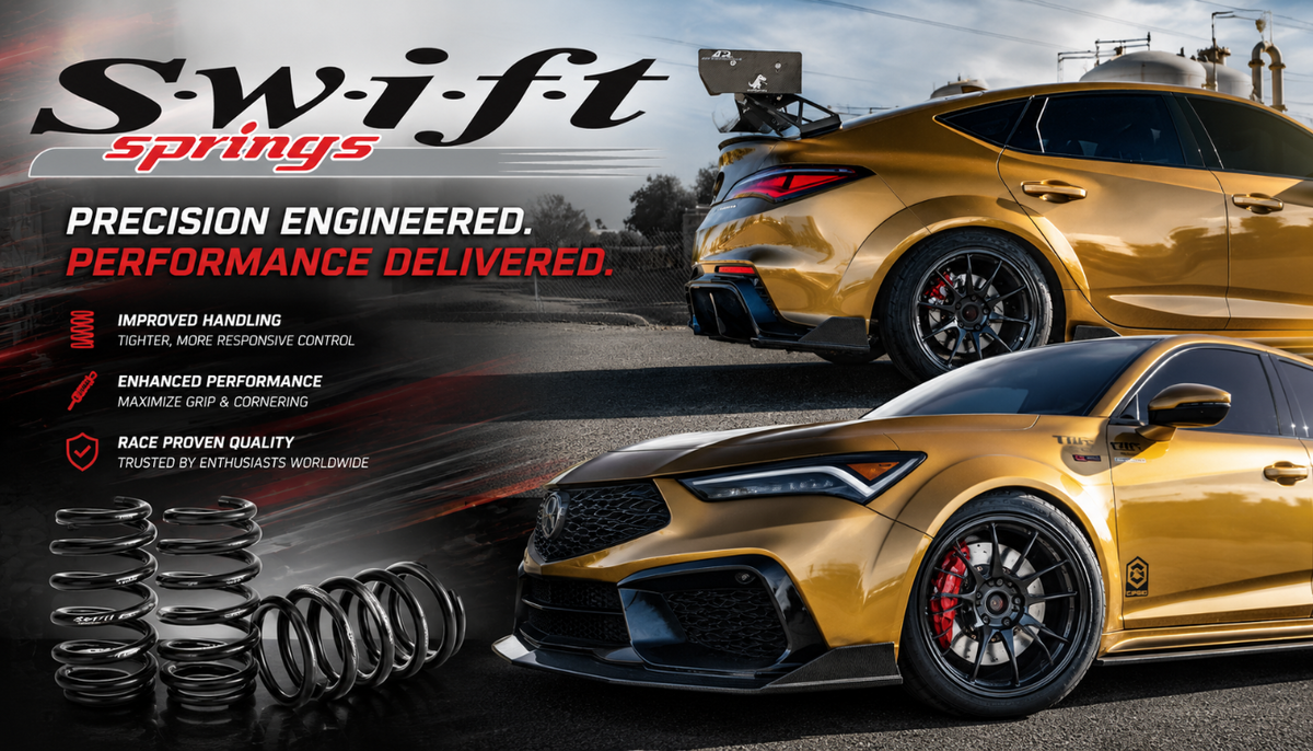 Swift Springs suspension advertisement with coil springs and a gold performance car