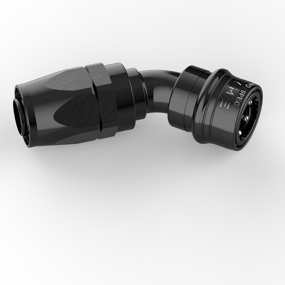 Black 45-degree Dyme SUPERLEGGERA PTFE hose fitting