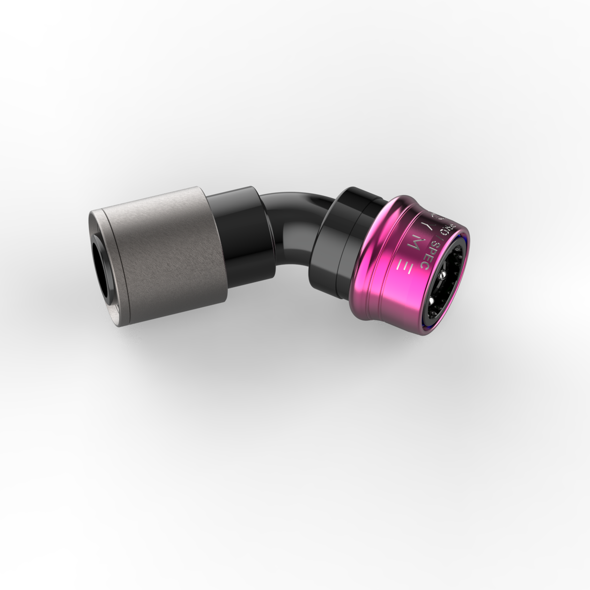 Dyme SUPERLEGGERA angled hose fitting with pink accent