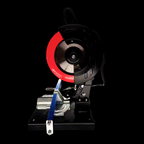 Electric chop saw with red blade guard on black background