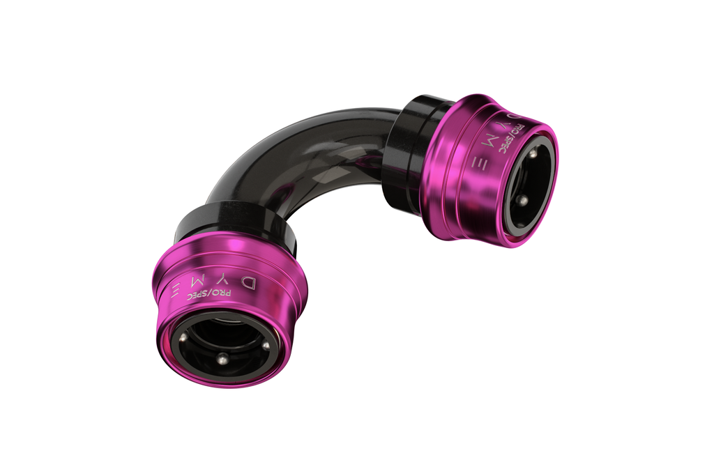 Dyme SUPERLEGGERA curved hose fitting with purple ends.