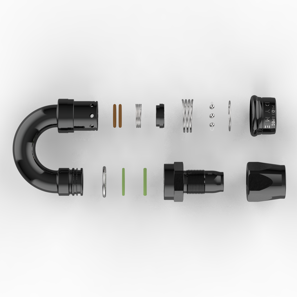 Exploded view of Dyme SUPERLEGGERA hose fitting components.
