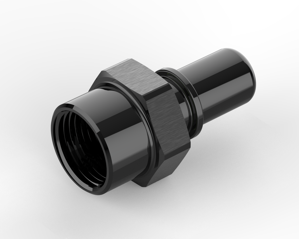 Black Dyme PRO/SPEC AN Adapter fitting on white background.