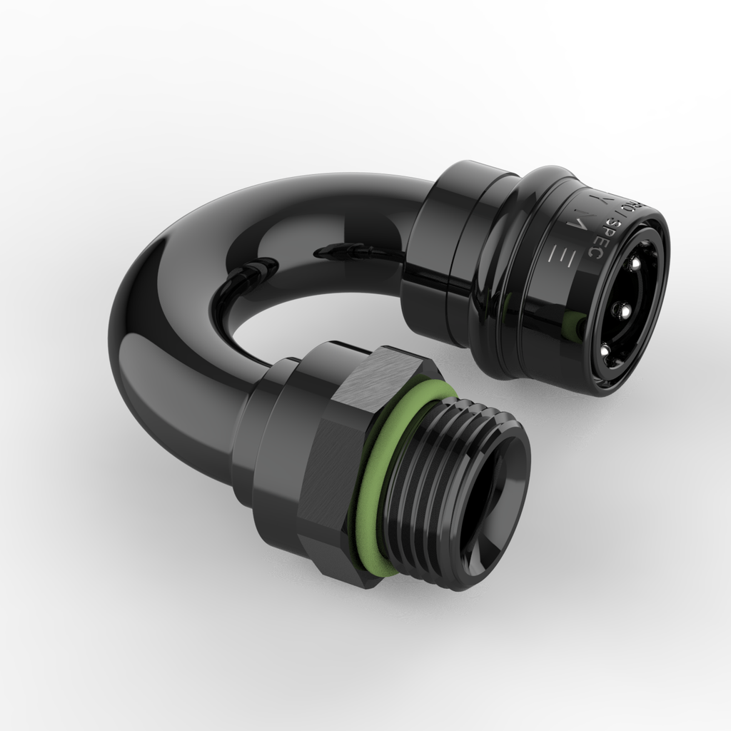 Dyme SUPERSTRASSE-C crimp type hose fitting with 180-degree bend.