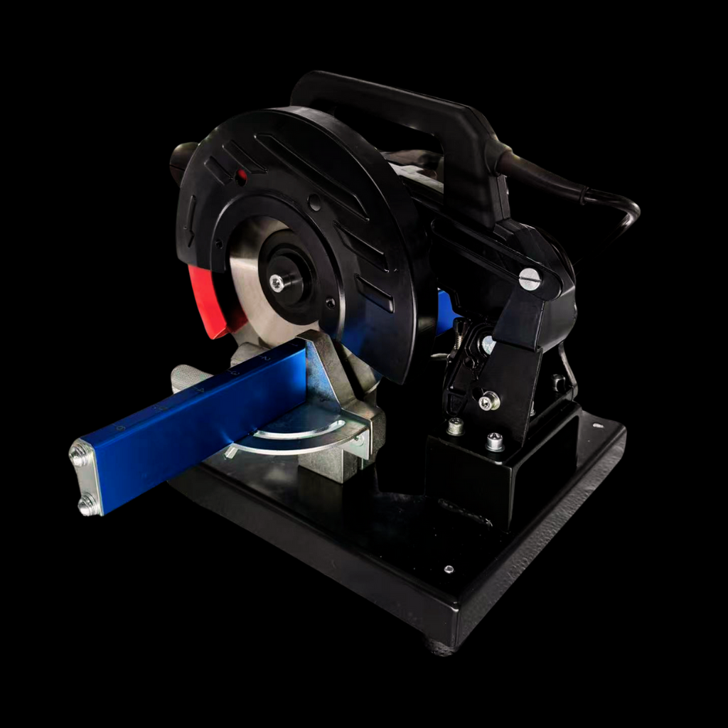 A circular chop saw cutting a blue Dyme aluminum tube.
