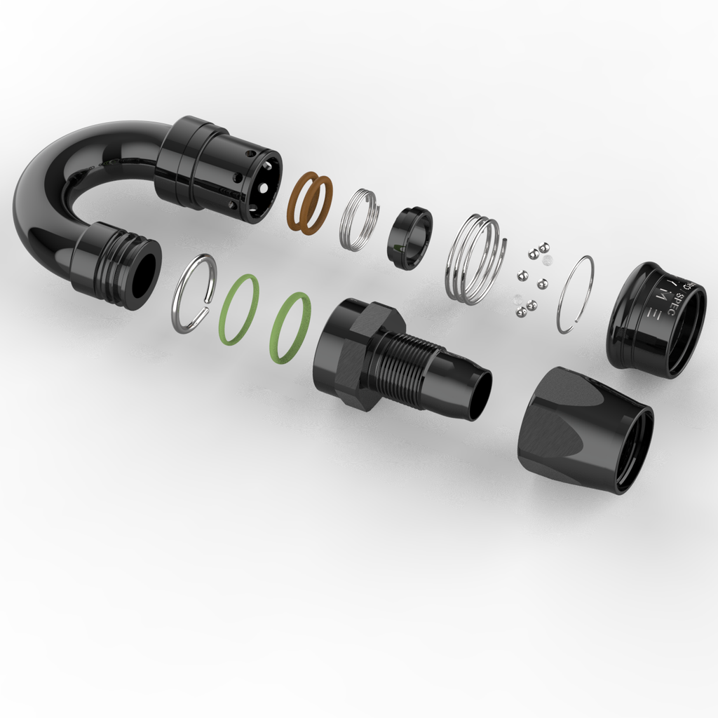 Exploded view of Dyme SUPERLEGGERA hose fitting components.
