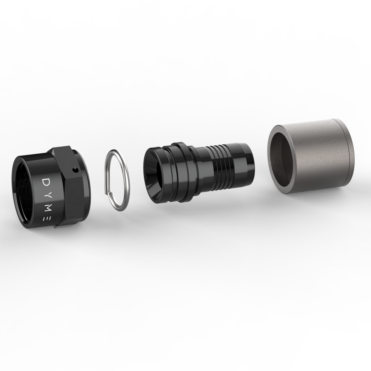 Exploded view of a black Dyme PRO NPT adapter assembly