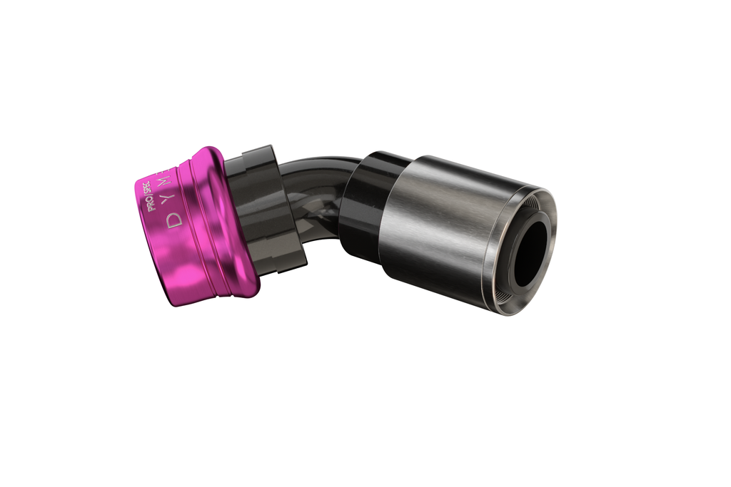 Dyme PRO/SPEC NPT angled adapter with pink accents