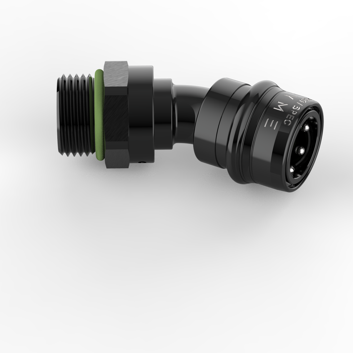 Dyme SUPERSTRASSE-C crimp type hose fitting angled at 45 degrees.