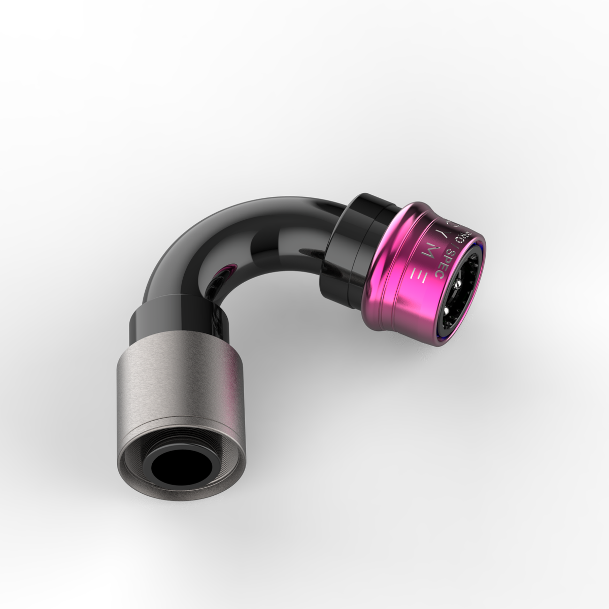 Dyme SUPERLEGGERA Carbon PTFE hose fitting with pink collar.