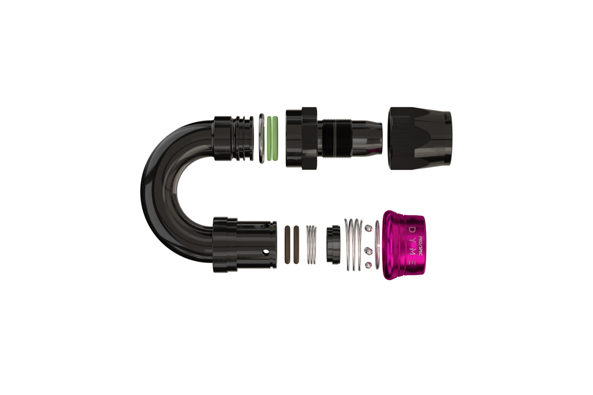Exploded view of a black Dyme PRO/SPEC AN U-turn adapter.