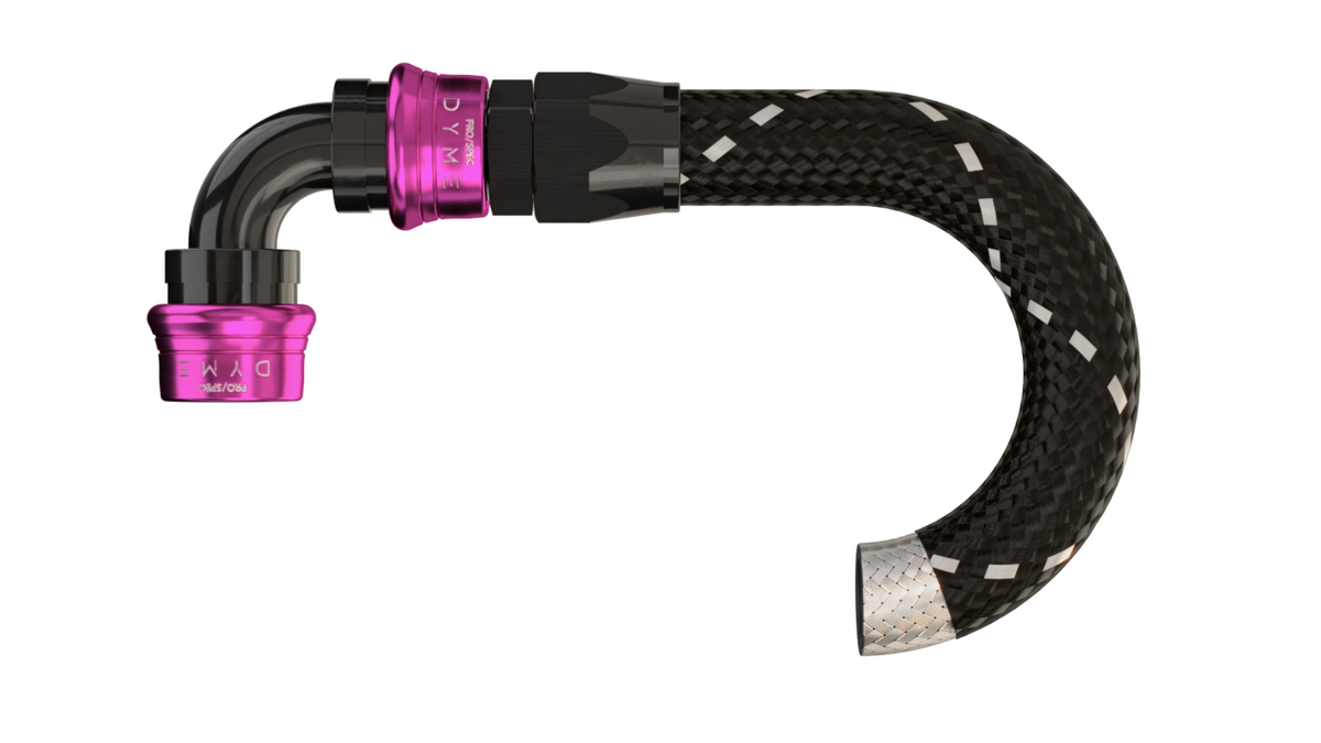 Dyme PRO AN adapter on a curved black braided hose.