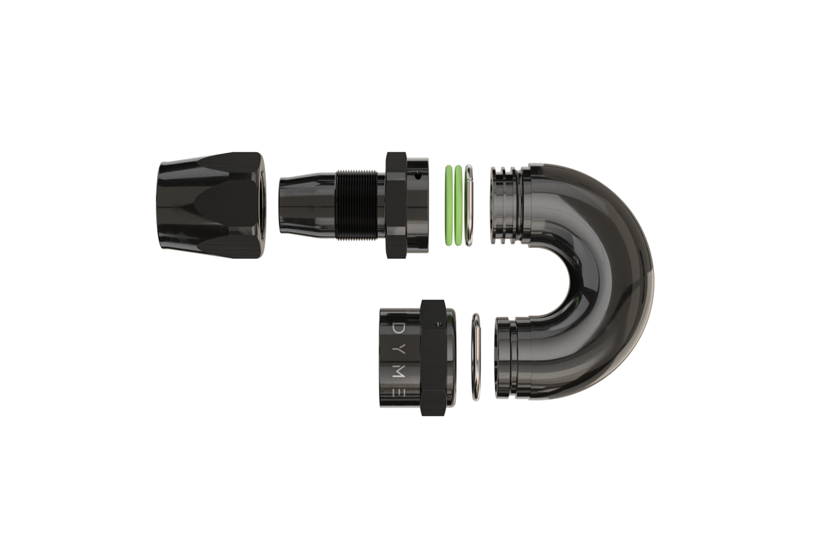 Exploded view of Dyme SUPERSTRASSE-C crimp hose fittings.