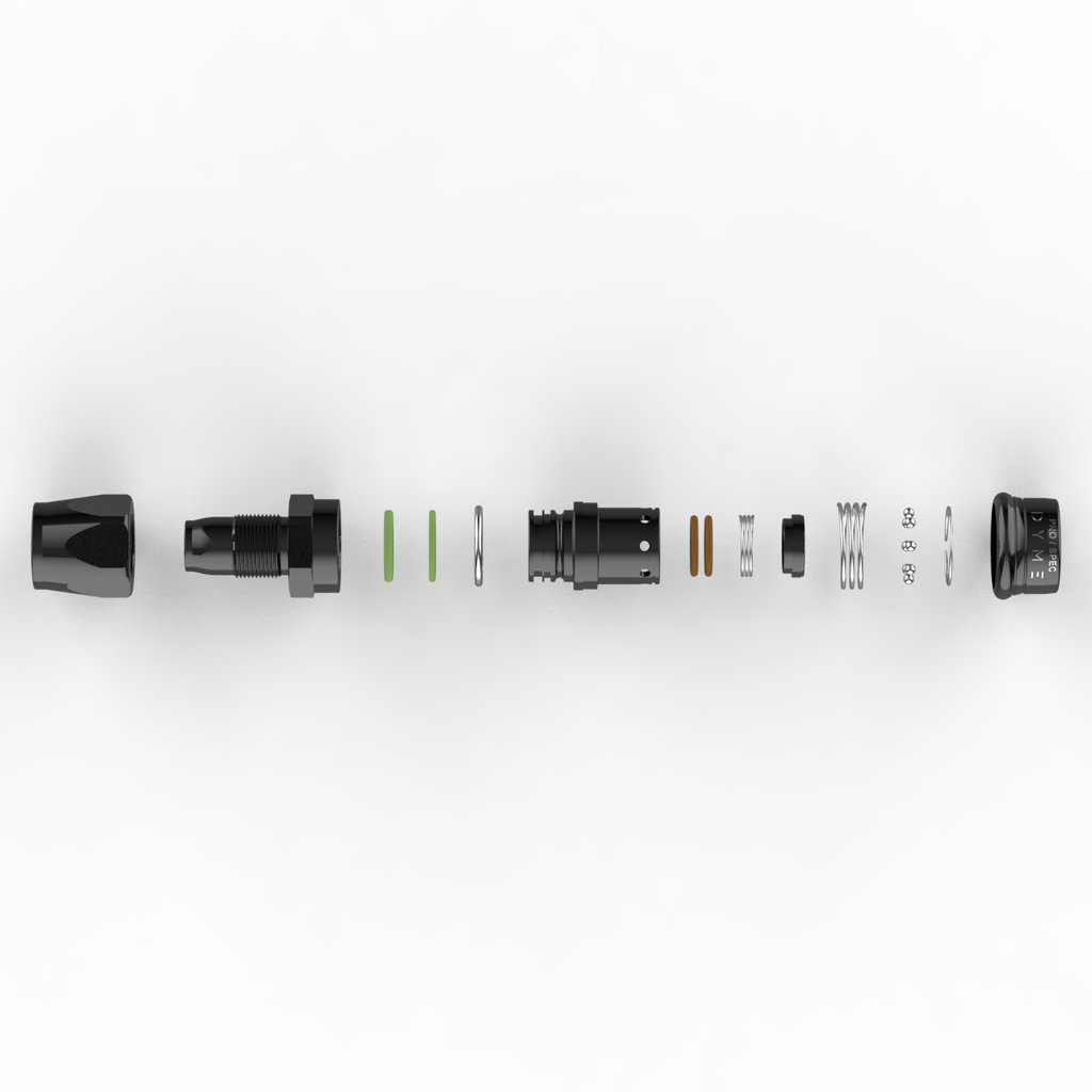 Exploded view of Dyme SUPERLEGGERA Carbon PTFE hose fitting components.