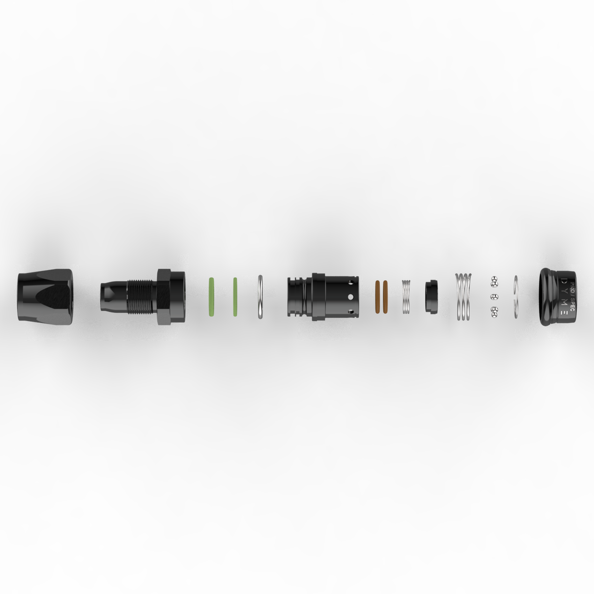 Exploded view of Dyme SUPERLEGGERA Carbon PTFE hose fitting components.