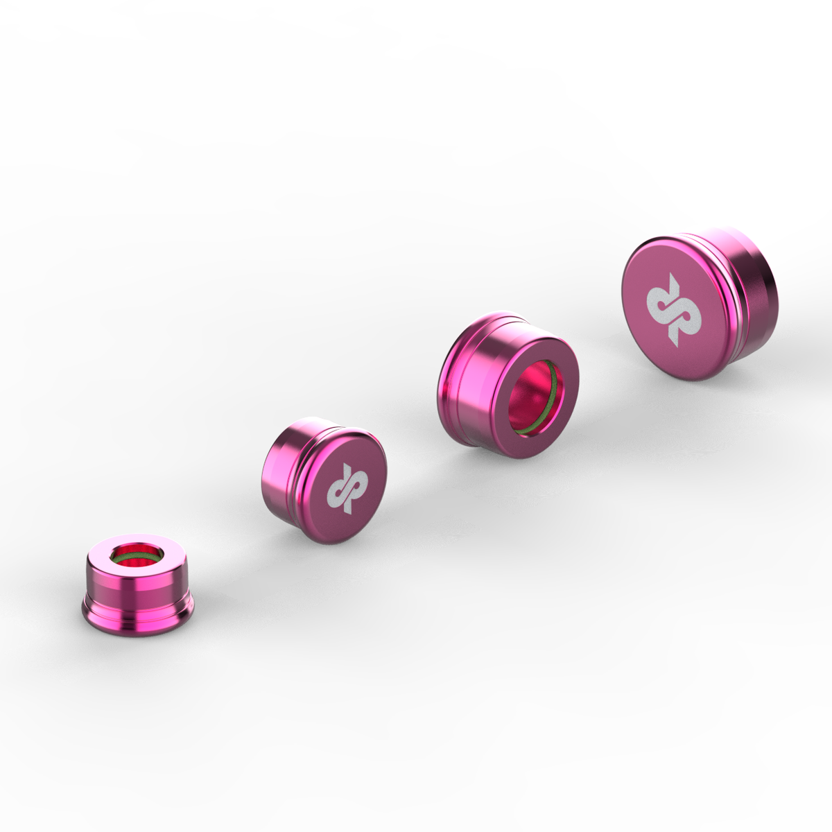 Four pink Dyme SUPERSTRASSE-C crimp collars in various sizes