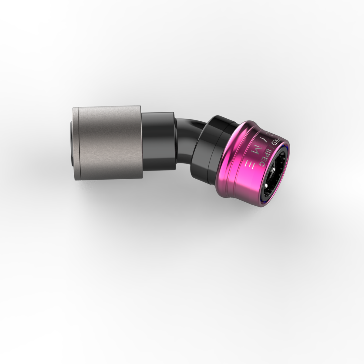 Dyme SUPERLEGGERA angled hose fitting with pink accent