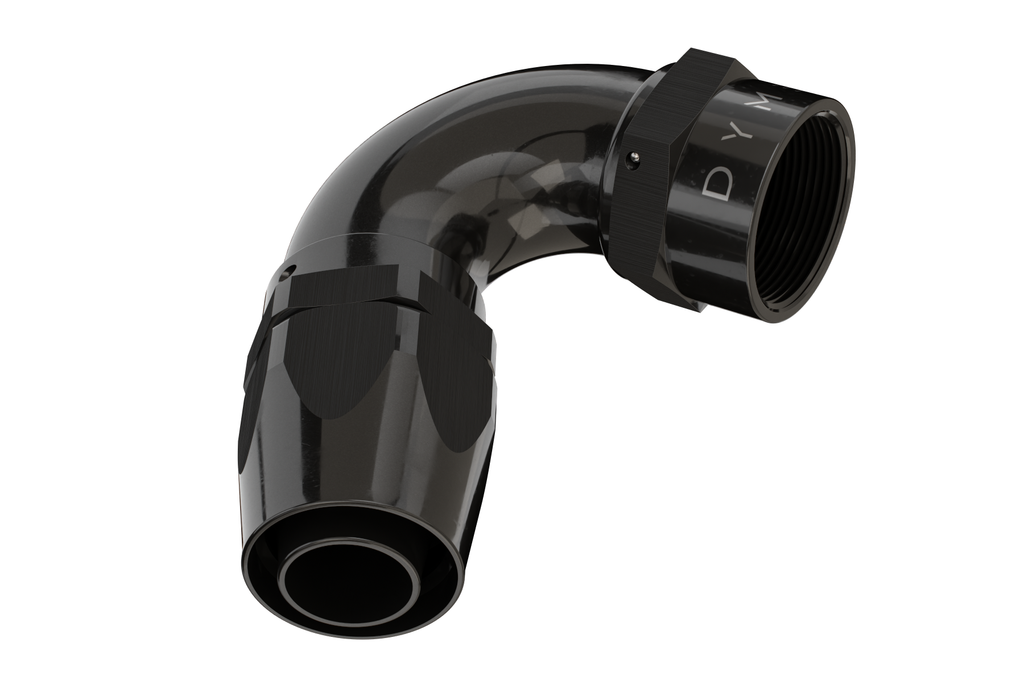 Black 90-degree Dyme SUPERSTRASSE-C crimp hose fitting.