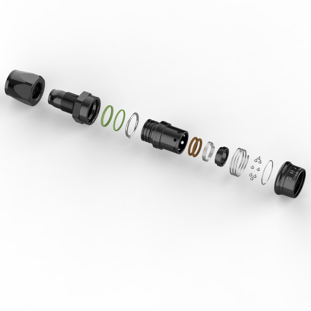 Exploded view of a Dyme SUPERLEGGERA Carbon PTFE hose fitting