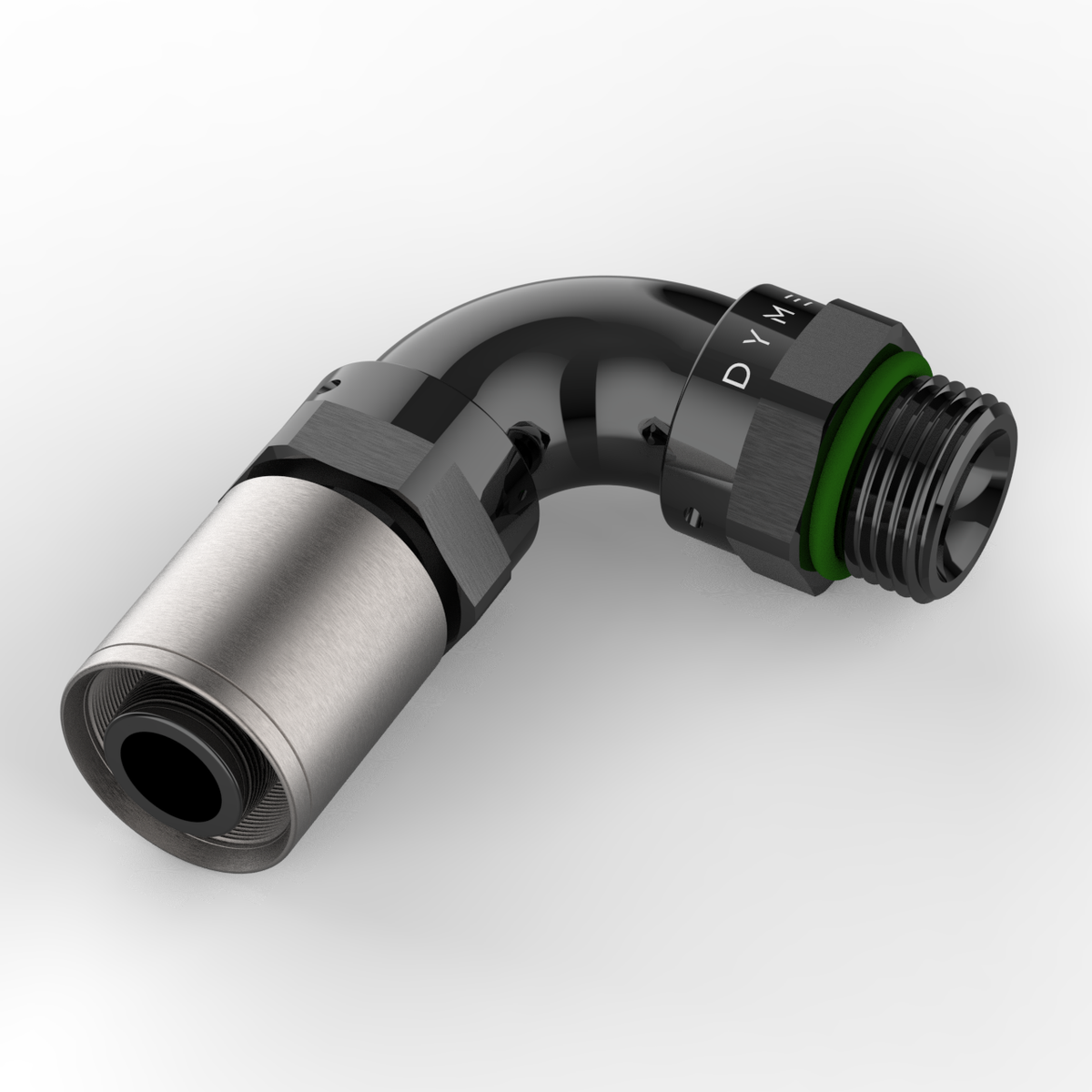Dyme PRO 90-degree NPT adapter fitting with green seal.