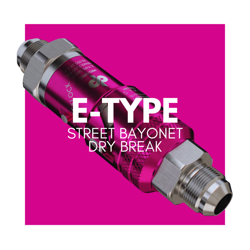E-TYPE Street Bayonet Dry Break fitting on pink background
