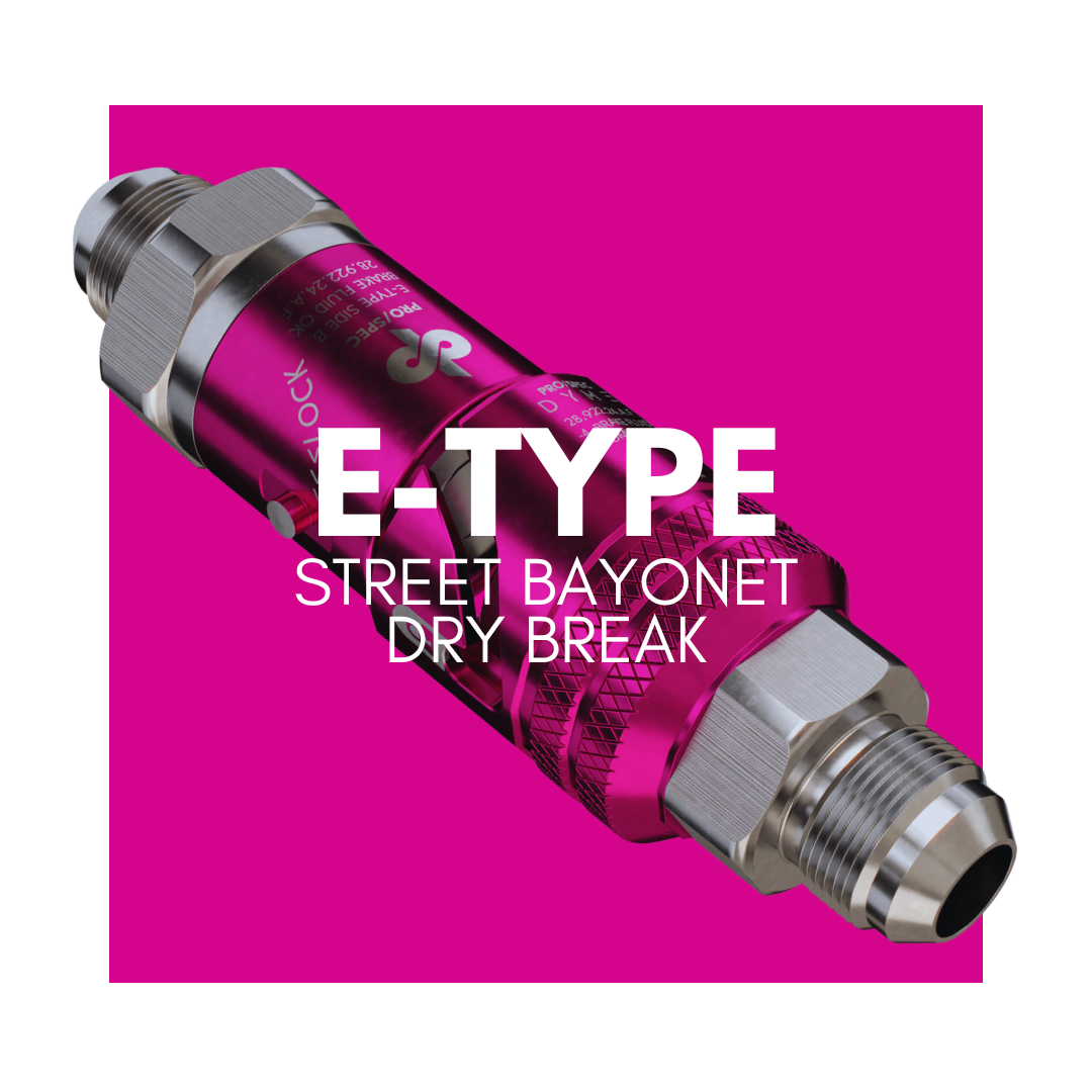 E-TYPE Street Bayonet Dry Break fitting on pink background