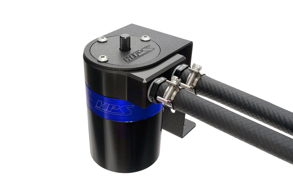 HPS Performance Aluminum Oil Catch Can Kit with 3/8" Barb Adapters and Rubber Hoses, Blue, 861-501BL