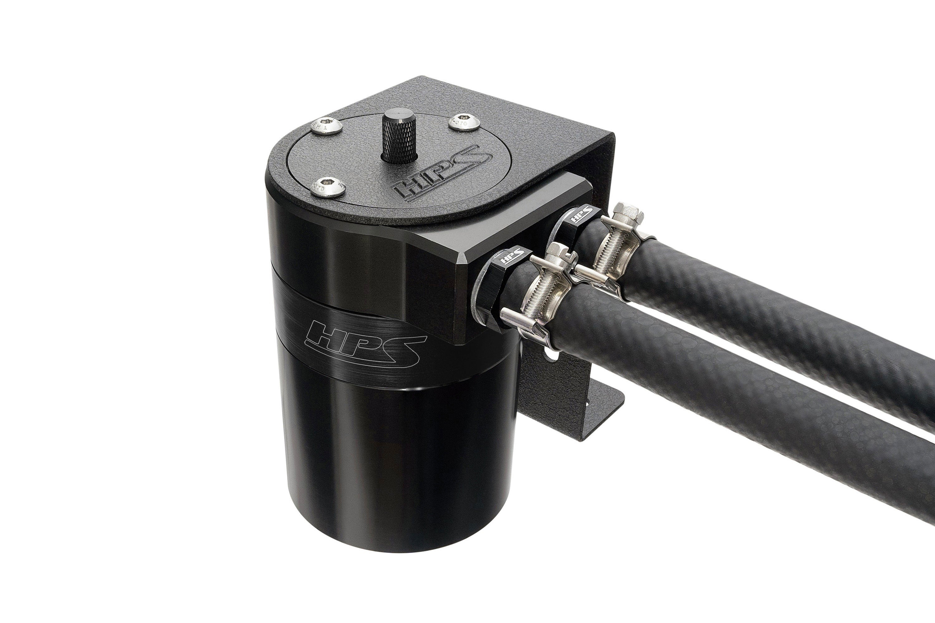 HPS Performance Aluminum Oil Catch Can Kit with 3/8" Barb Adapters and Rubber Hoses, Black, 861-501WB