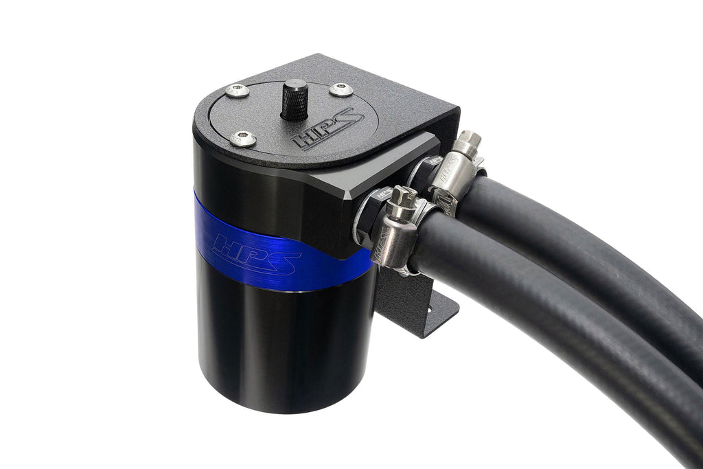 HPS Performance Aluminum Oil Catch Can Kit with 1/2" Barb Adapters and Rubber Hoses, Blue, 861-502BL