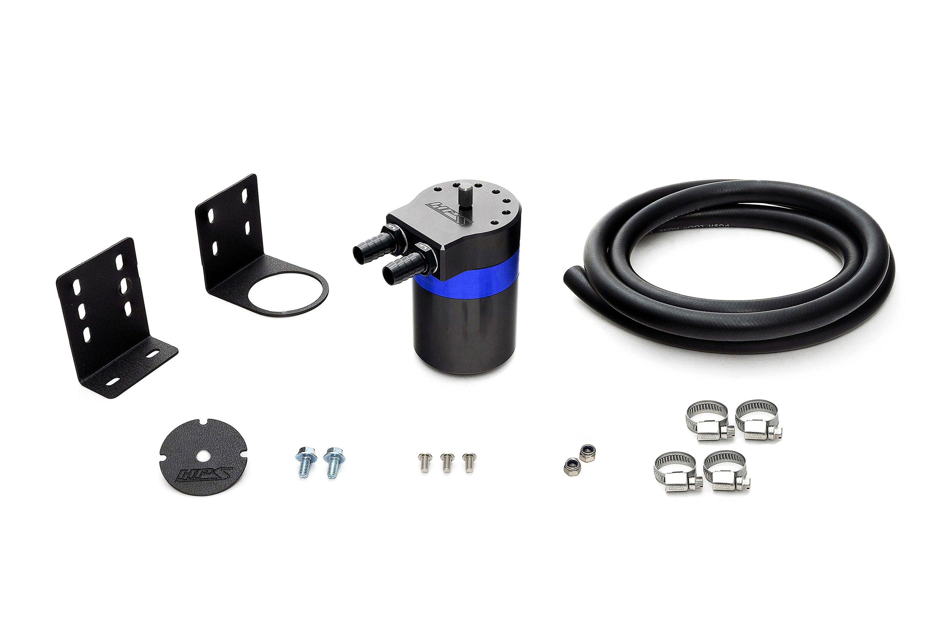 HPS Performance Aluminum Oil Catch Can Kit with 5/8" Barb Adapters and Rubber Hoses, Blue, 861-503BL