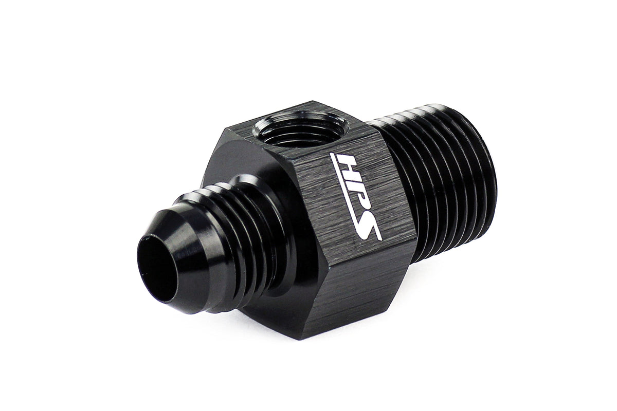 HPS Performance AN -8 Male to 3/8 inch NPT Male Adapter with 1/8 inch NPT Female Port Aluminum Black