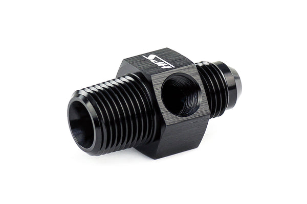 HPS Performance AN -8 Male to 1/4" NPT Male Adapter with 1/8" NPT Female Port, Aluminum, Black
