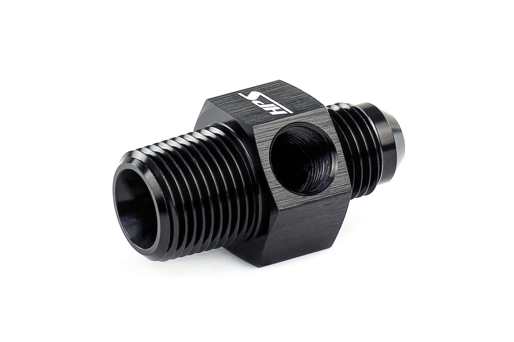 HPS Performance -8 AN Male to 1/4" NPT Male Adapter with 1/8" NPT Female Port, Aluminum, Black