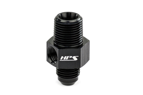 HPS Performance AN -8 Male to 3/8" NPT Male Adapter with 1/8" NPT Female Port, Aluminum, Black