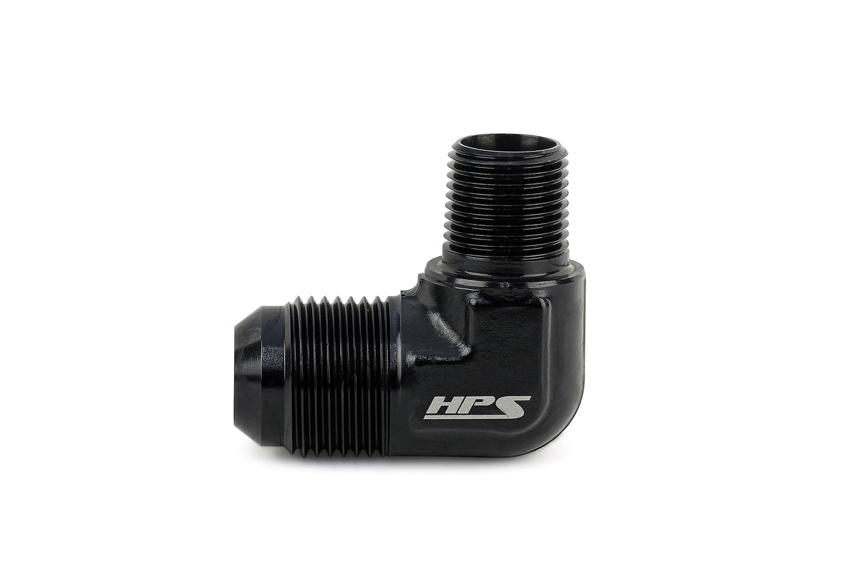HPS Performance 90 Degree AN Flare -10 to 1/2 inch NPT Adapter Aluminum Black