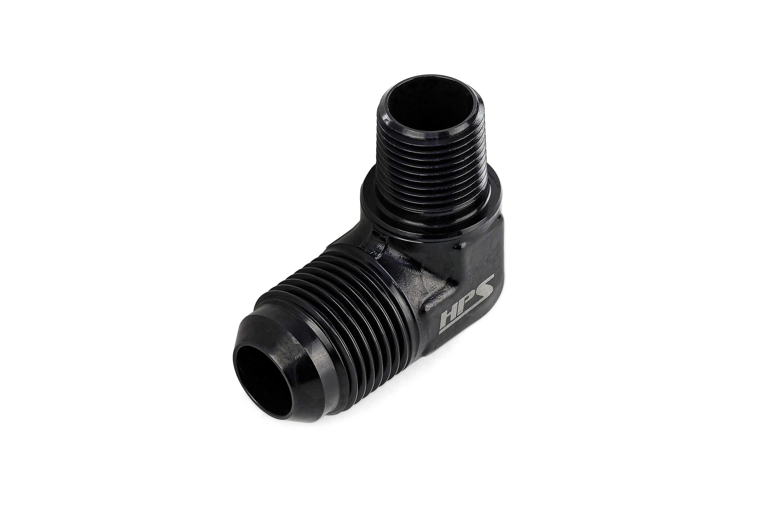 HPS Performance 90 Degree -8 AN Flare to 1/2" NPT Adapter, Aluminum, Black