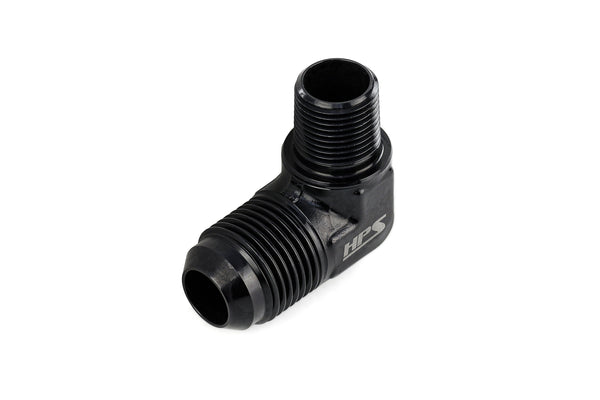 HPS Performance 90 Degree AN Flare -10 to 3/8" NPT Adapter, Aluminum, Black
