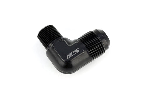HPS Performance 90 Degree AN Flare -10 to 3/8" NPT Adapter, Aluminum, Black