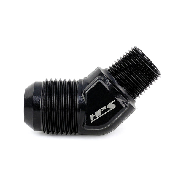 HPS Performance 45 Degree AN Flare -10 to 3/8 inch NPT Adapter Aluminum Black