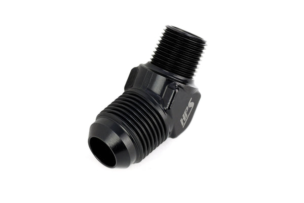 HPS Performance 45 Degree AN Flare -8 to 1/2" NPT Adapter, Aluminum, Black