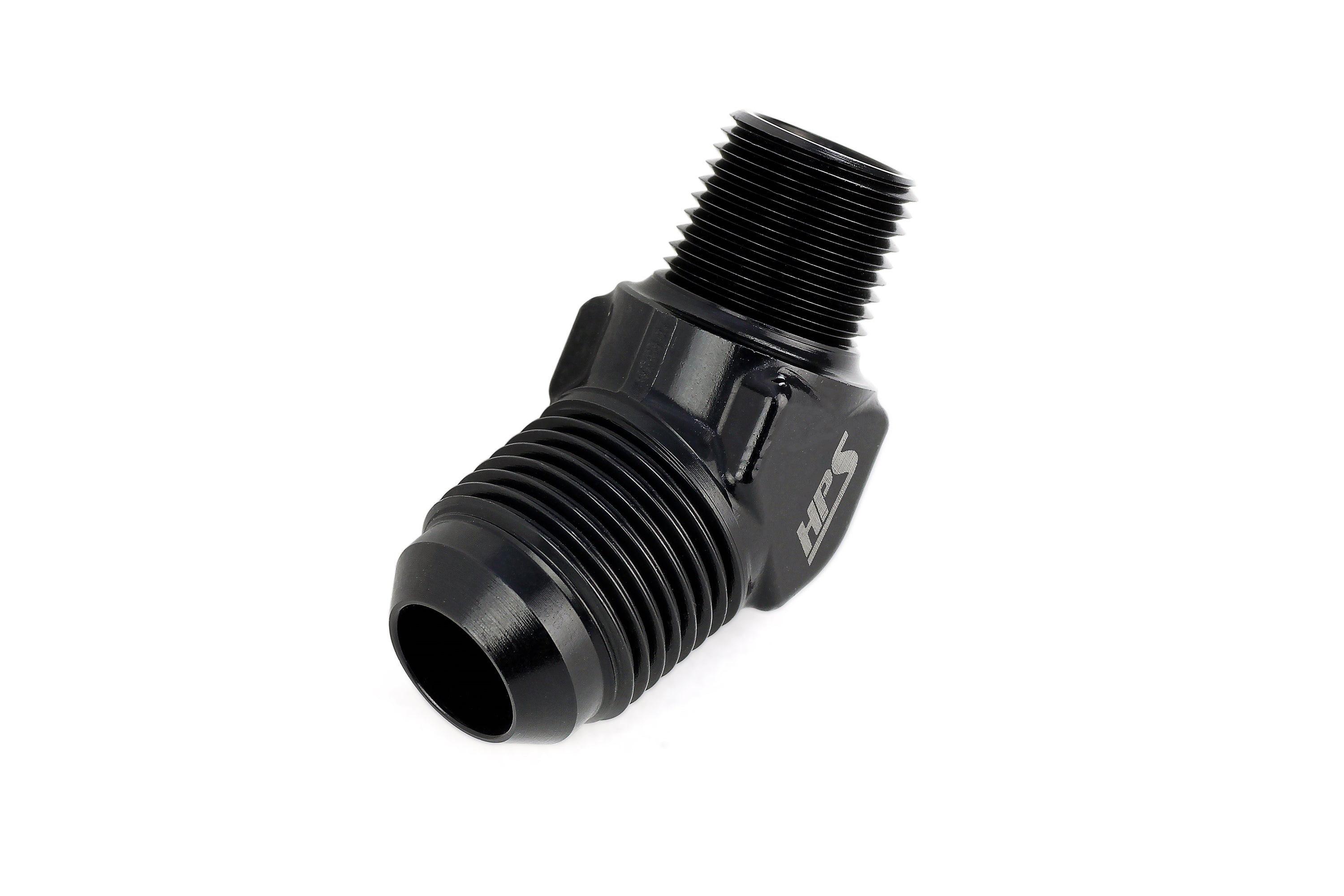 HPS Performance 45 Degree -6 AN Flare to 1/2" NPT Adapter, Aluminum, Black