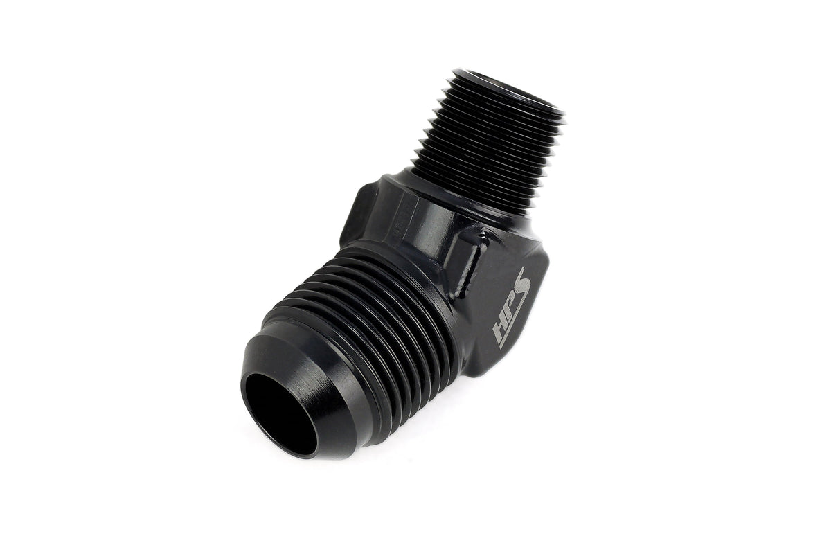 HPS Performance 45 Degree AN Flare -4 to 1/4" NPT Adapter, Aluminum, Black